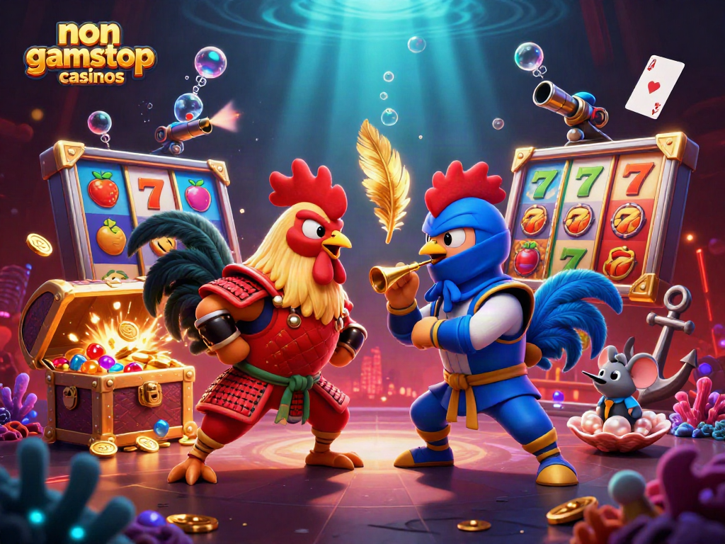 Betting action at non gamstop casinos with roosters in dramatic showdown, vibrant 3D art.
