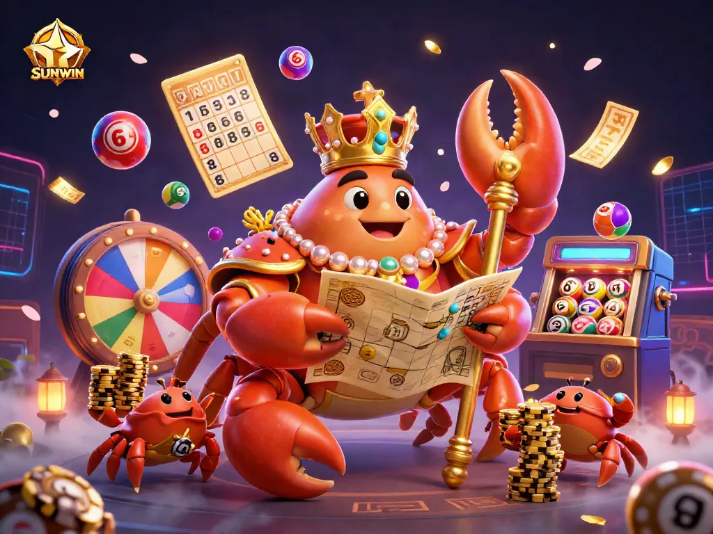 Experience an exciting gaming adventure with SUNWIN's golden crab emperor amidst vibrant casino elements.