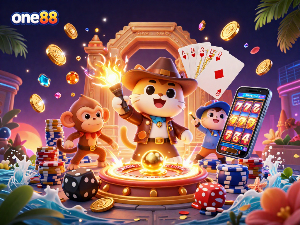 Experience thrilling gameplay with one88 as a cat explorer uncovers casino treasures in a vibrant temple.
