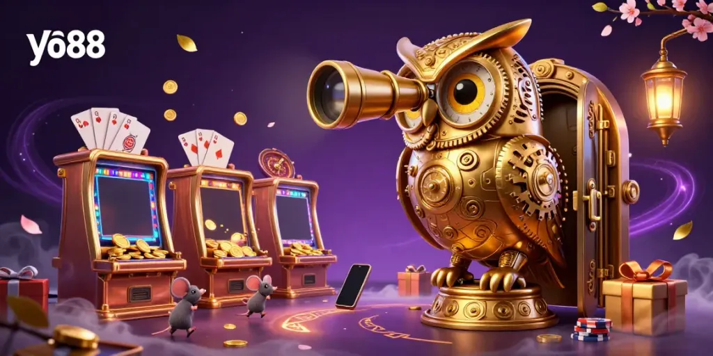 Experience the vibrant gaming world of yo 88 with a golden owl and lively casino elements.