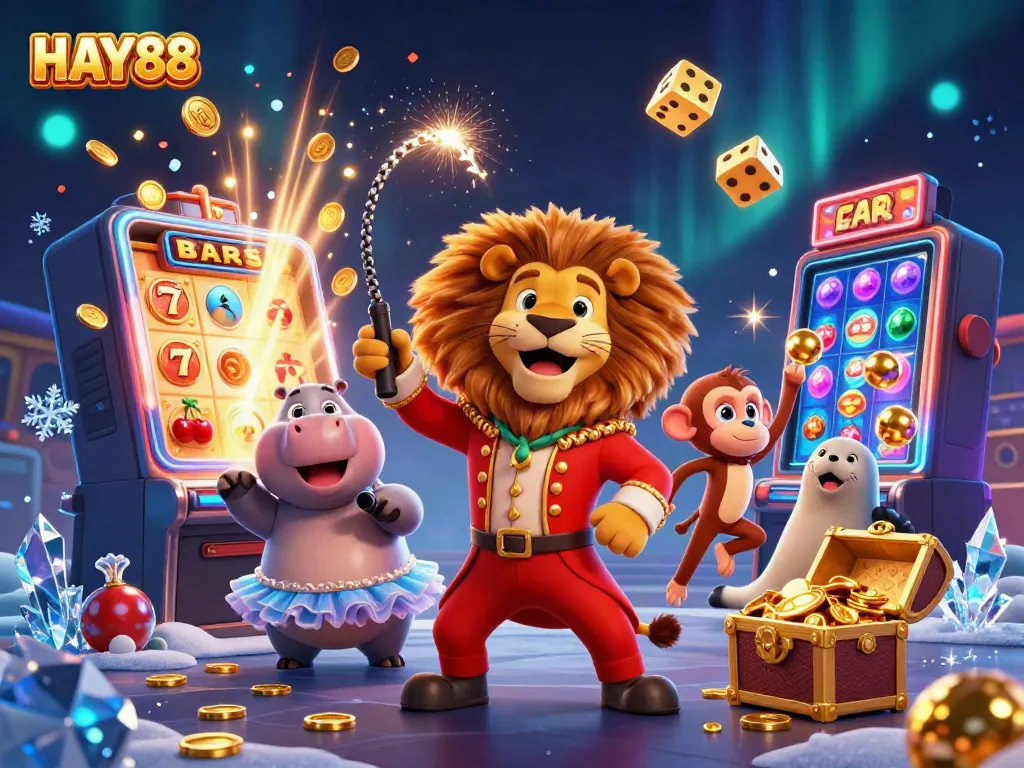 Experience thrilling casino adventures and jackpots with HAY88's dynamic circus-themed illustration.