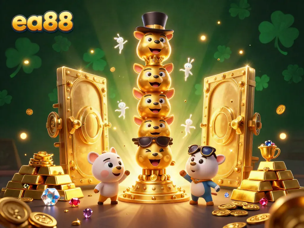 Experience excitement with ea88 as the golden totem dazzles among treasures and casino elements.