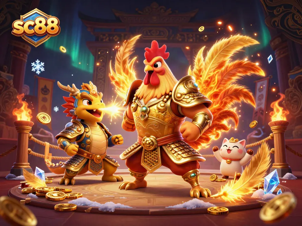 Engage in action with sc88 featuring a fighting rooster warrior and a dragon hatchling amidst gold and casino elements.