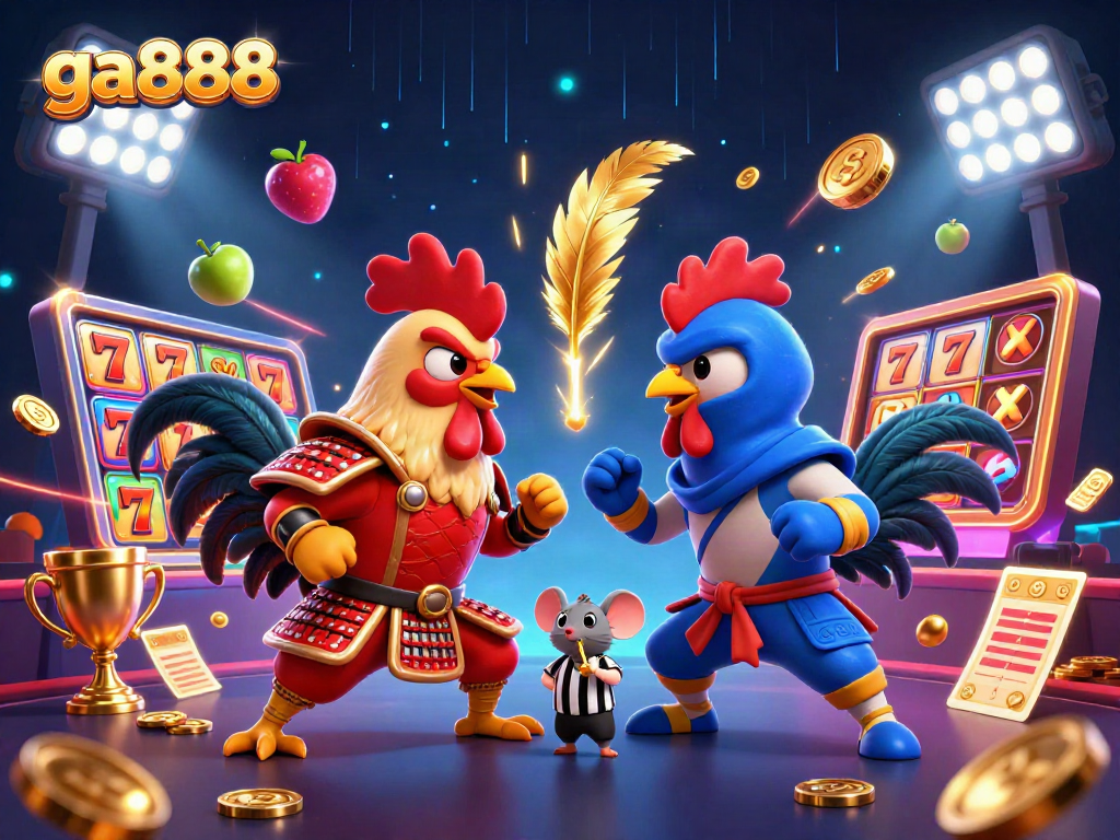 Engage with ga888's thrilling standoff featuring roosters in a vibrant casino setting.