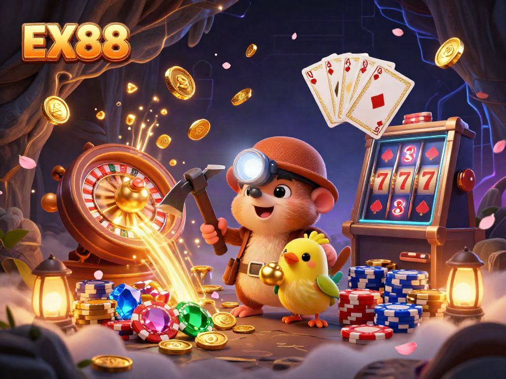 Experience the thrill of winning with the EX88 treasure hunter in a vibrant casino scene full of gold and gems.