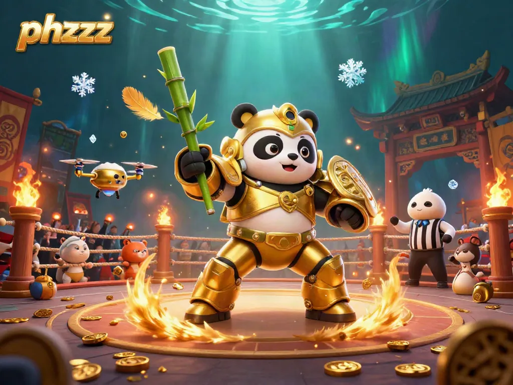 Experience excitement in the phzzz arena where the mech-suit panda dominates the game with skill and flair.