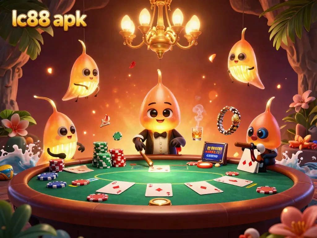 Experience the excitement of LC88 apk with this 3D glowworm casino, showcasing bioluminescent characters and poker gaming elements.