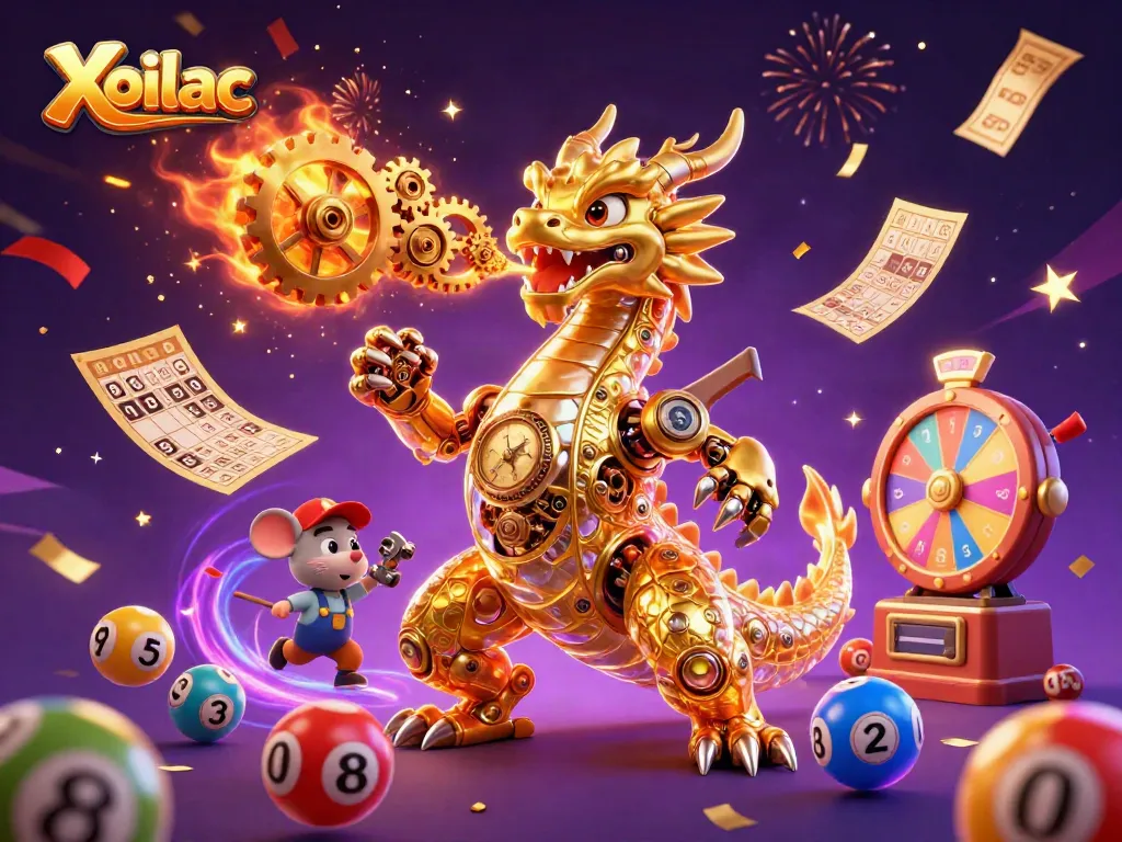 Experience the excitement of Xoilac with a golden dragon surrounded by vibrant lottery elements.