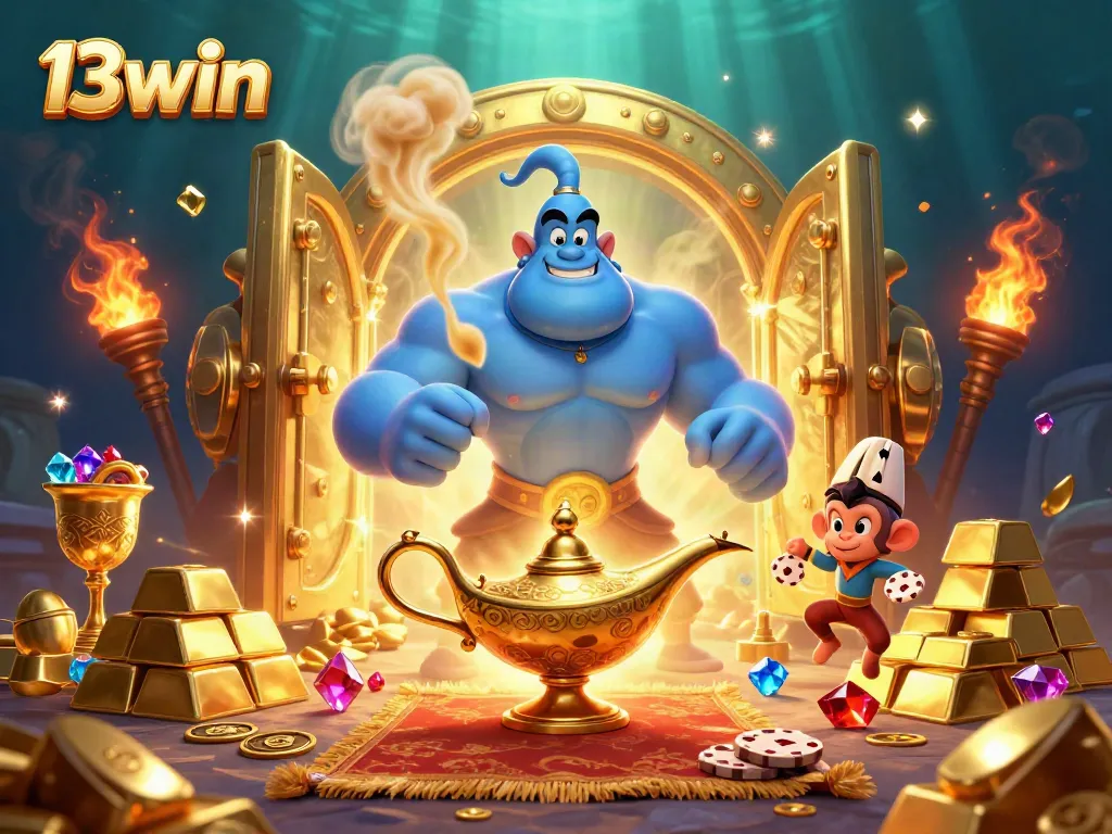 Engage with 13win as a muscular genie flies from a lamp surrounded by golden treasures and poker chips.