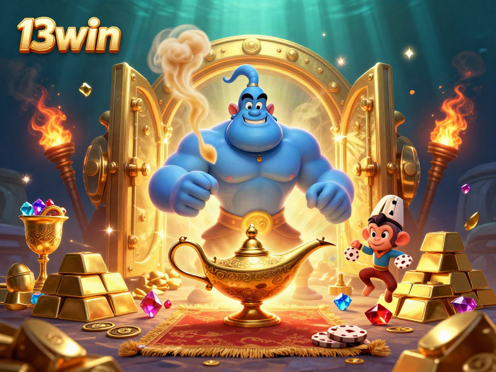 Engage with 13win as a muscular genie flies from a lamp surrounded by golden treasures and poker chips.