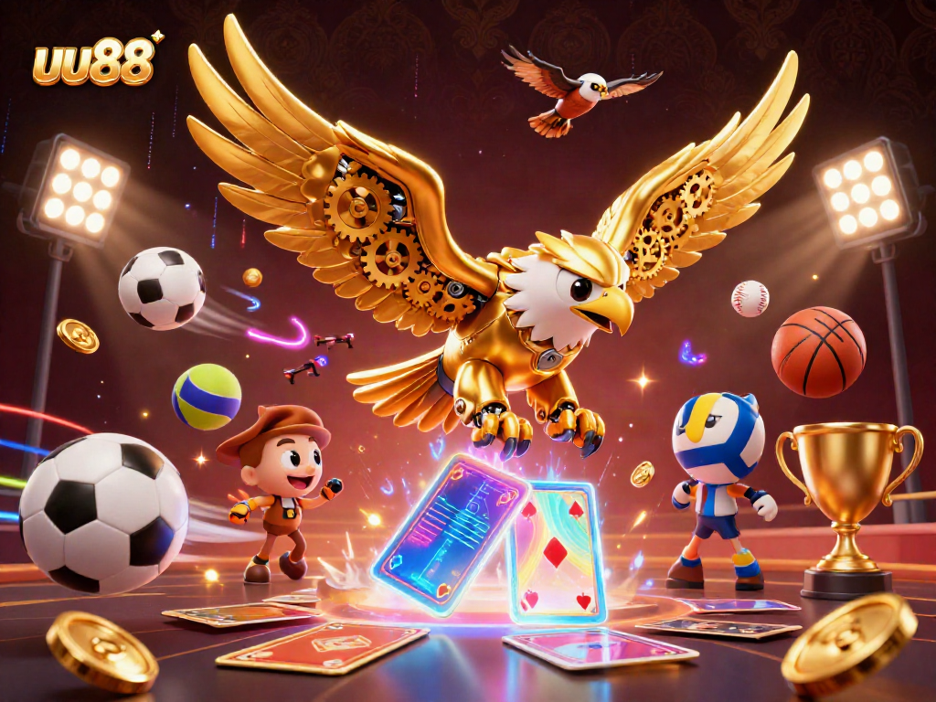 Experience exciting gameplay on uu88 with a dynamic 3D illustration of a cybernetic eagle and sports elements.