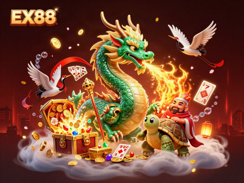 Engage with EX88, showcasing a vibrant casino scene with a lucky dragon, turtles, and cranes.