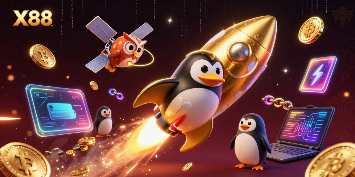 X88 rocket-powered penguin heads towards casino in space leaving golden coins, engaging elements surround.