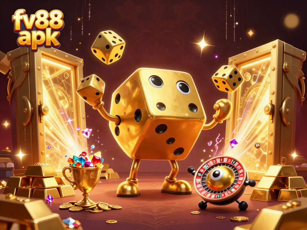 Experience thrilling fun with the fv88 apk in this dynamic casino scene featuring golden dice and gems.