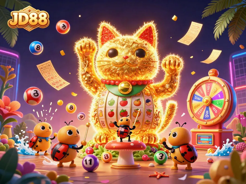 Engage with JD88's vibrant online gambling world featuring a lucky cat and dynamic elements.