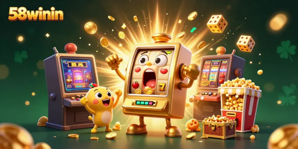 Join in the excitement with 58winin as a golden slot machine hits the jackpot, showering coins everywhere.