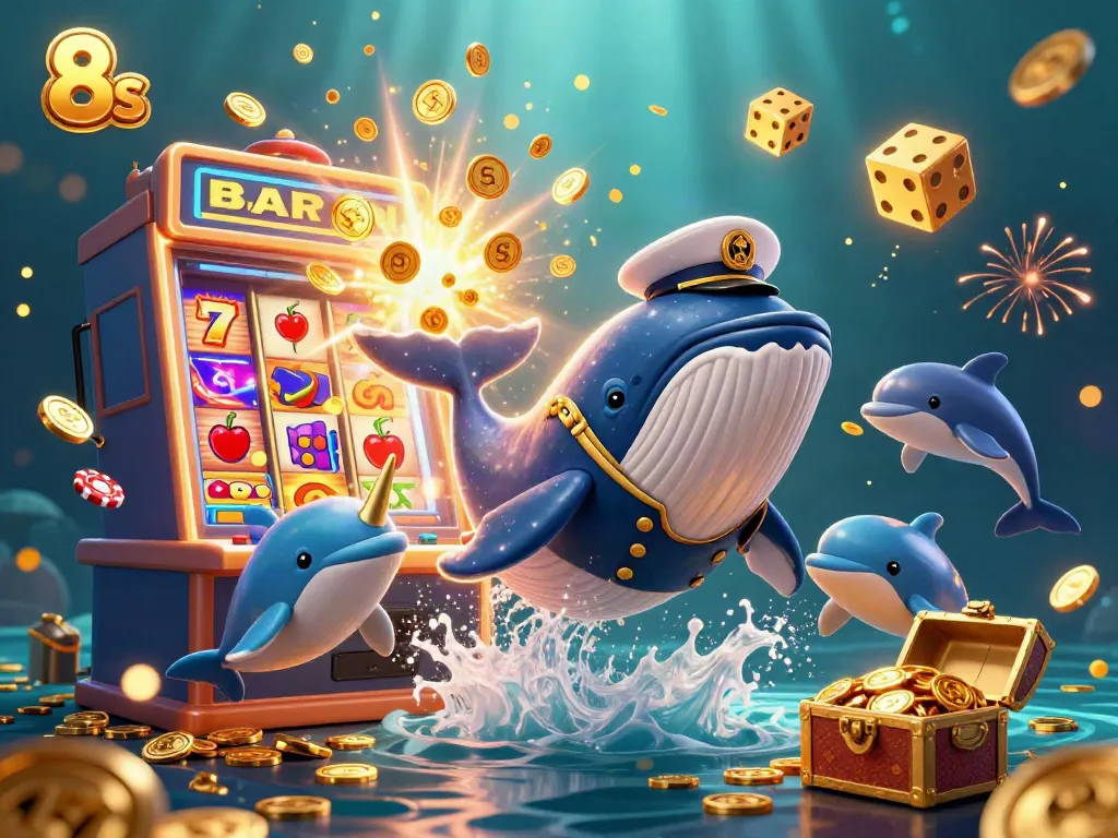 Engage with 8s in a vibrant underwater casino scene featuring a whale, narwhal, and dolphins with dynamic game elements.