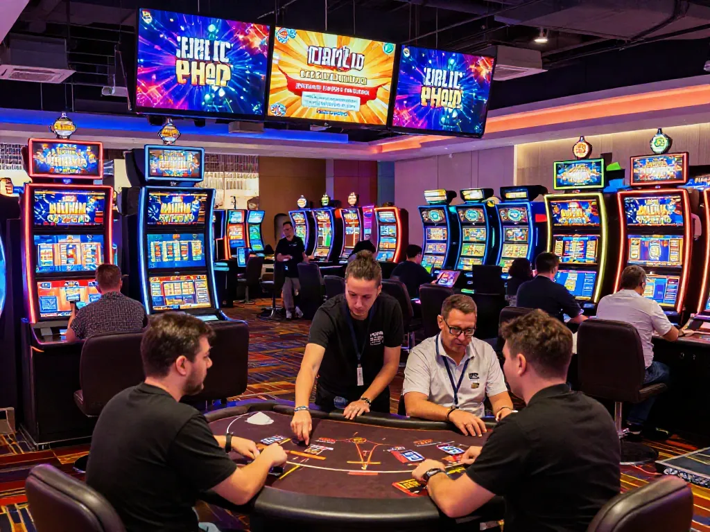 Credit card casinos featuring players at vibrant tables, flashing lights, and engaging game options.