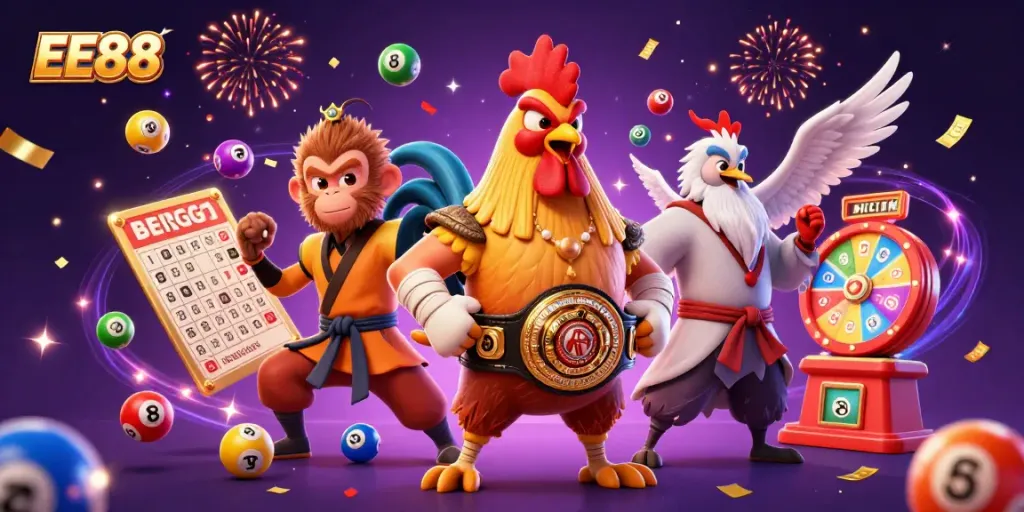 EE88 brings excitement with a lively scene of gaming elements and unique characters in 3D.