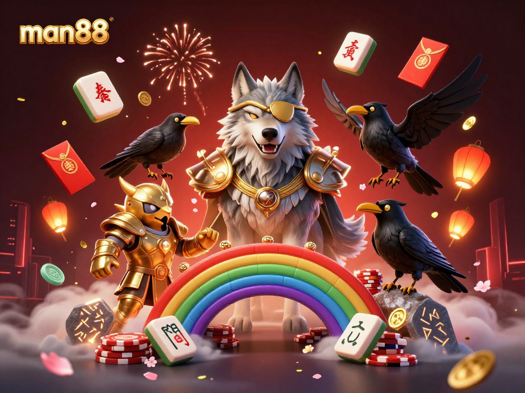 Experience thrilling gameplay with man88 in a vibrant 3D Norse-themed casino illustration featuring a wolf and ravens.