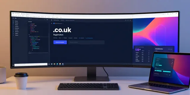 Buy .co.uk domain registration in a modern tech workspace featuring software development tools.