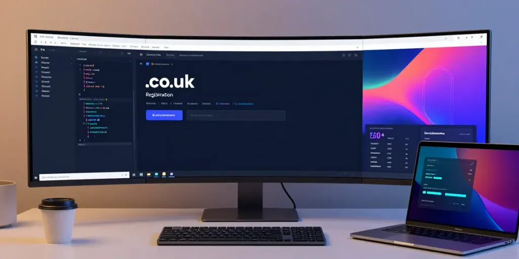 Buy .co.uk domain registration in a modern tech workspace featuring software development tools.