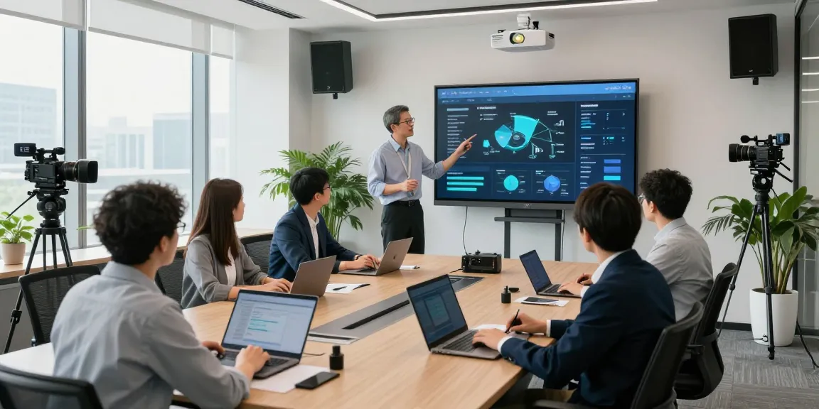 Professional team engaging in AV installation discussion around digital display in modern office.