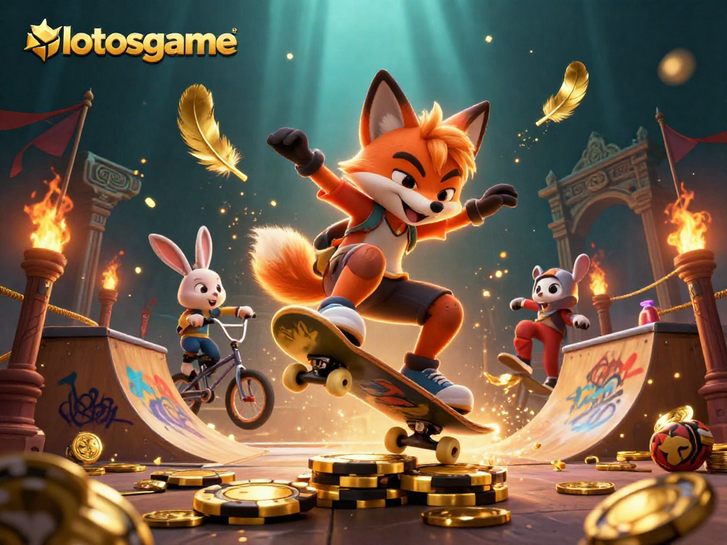 Watch the lotosgame characters in action, with excitement and vibrant casino elements in the backdrop.