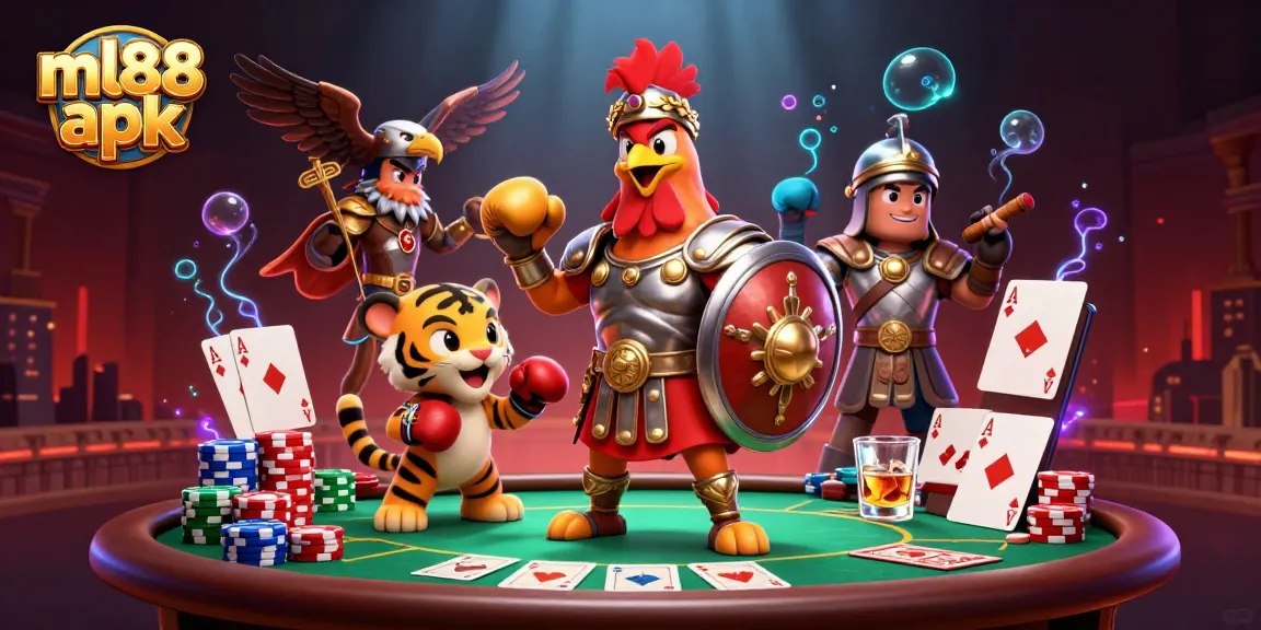 Engage in thrilling gameplay with ml88 apk featuring a gladiator rooster amidst poker excitement.