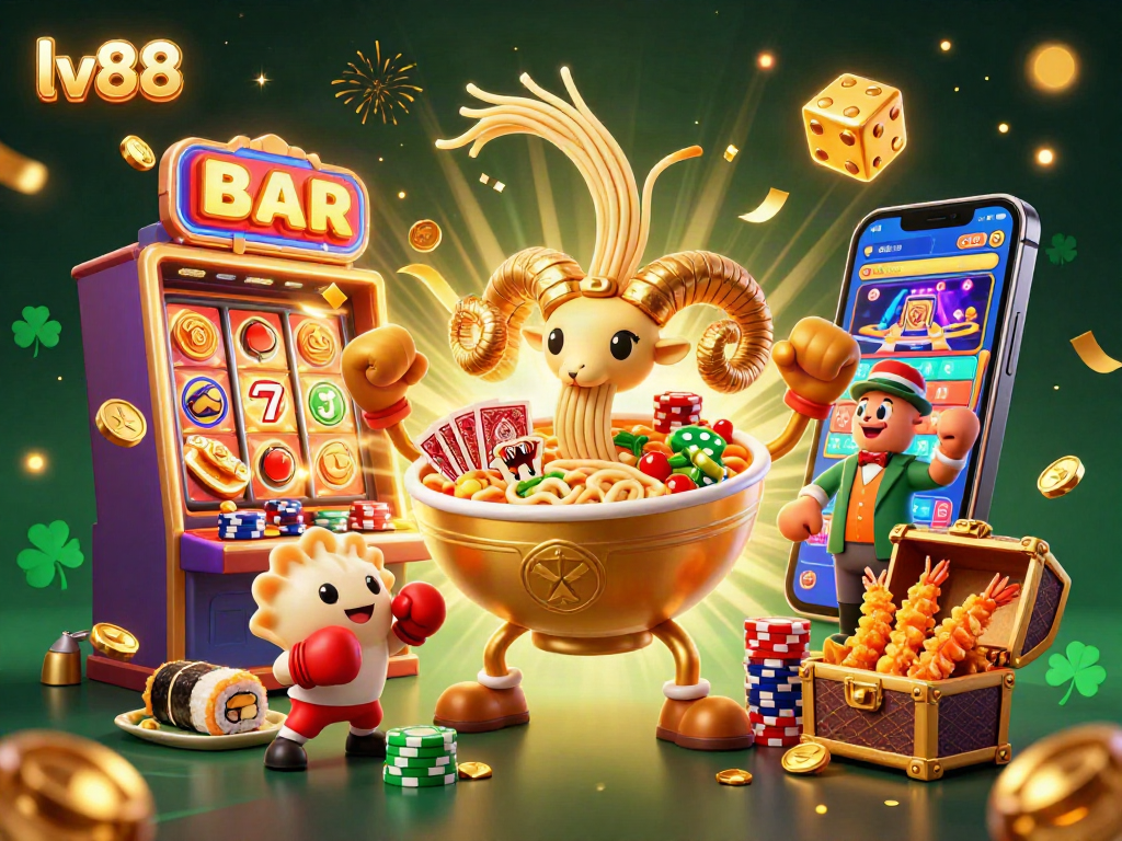 Engage with the vibrant lv88 casino scene highlighted by a golden ramen bowl and dynamic game elements.