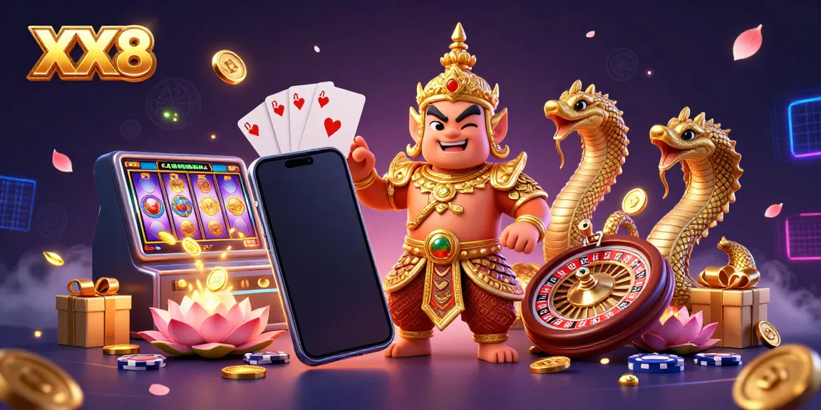 Experience the thrill of casino games with the vivid XX8 scene featuring joyous characters and exciting video slots.