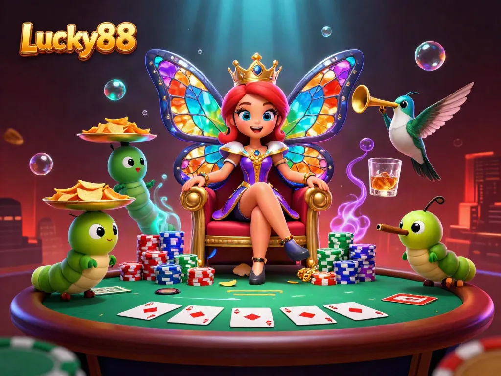 Engage with Lucky88 as a vibrant 3D scene showcases a butterfly queen presiding over a poker game.