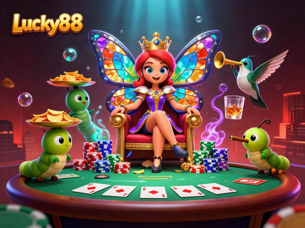 Engage with Lucky88 as a vibrant 3D scene showcases a butterfly queen presiding over a poker game.