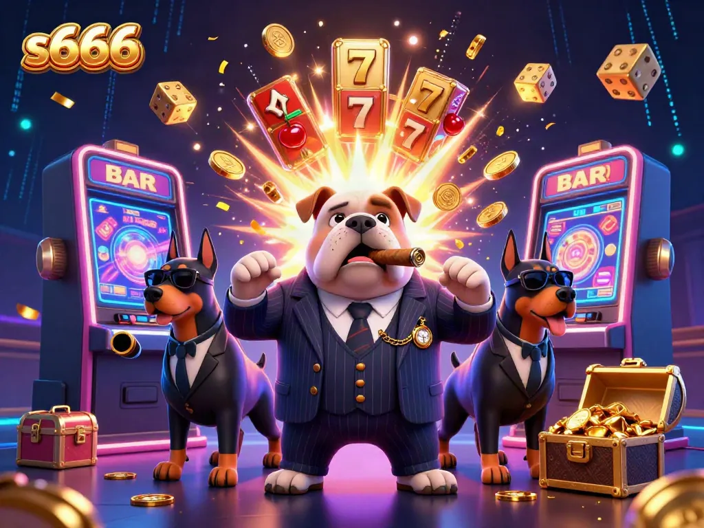 Experience thrilling casino excitement with s666 featuring a cartoon mafia bulldog and Doberman bodyguards amidst a jackpot explosion.