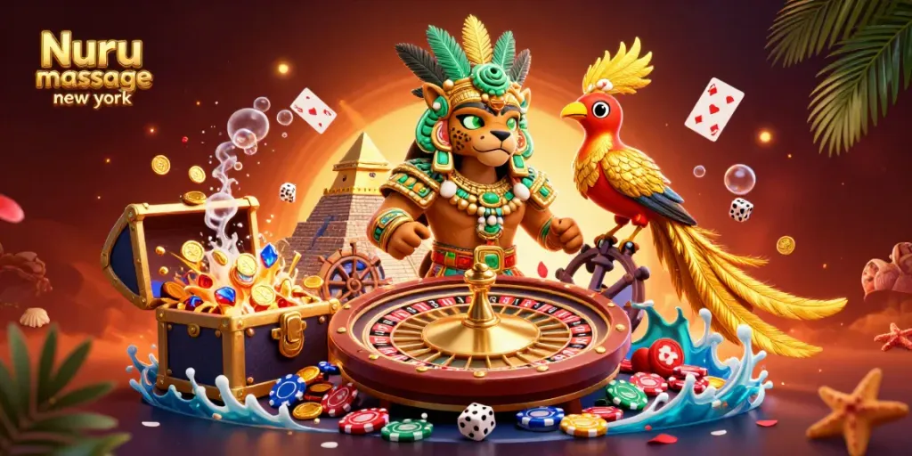 Nuru massage new york blended with a dynamic casino scene featuring a Mayan jaguar priest and roulette wheel.