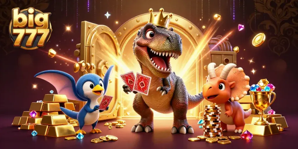 Engage with big 777 themed scene featuring a T-Rex card shuffling and a triceratops stacking chips, set in a golden vault.