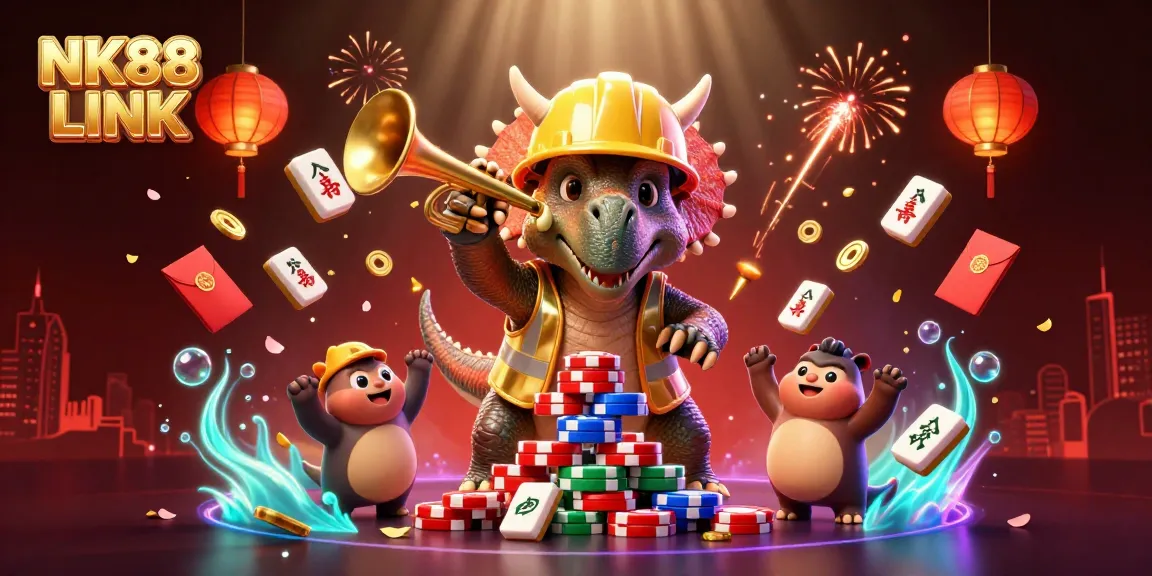 Experience thrilling entertainment at NK88 LINK with a vibrant casino scene featuring animated characters and gambling elements.