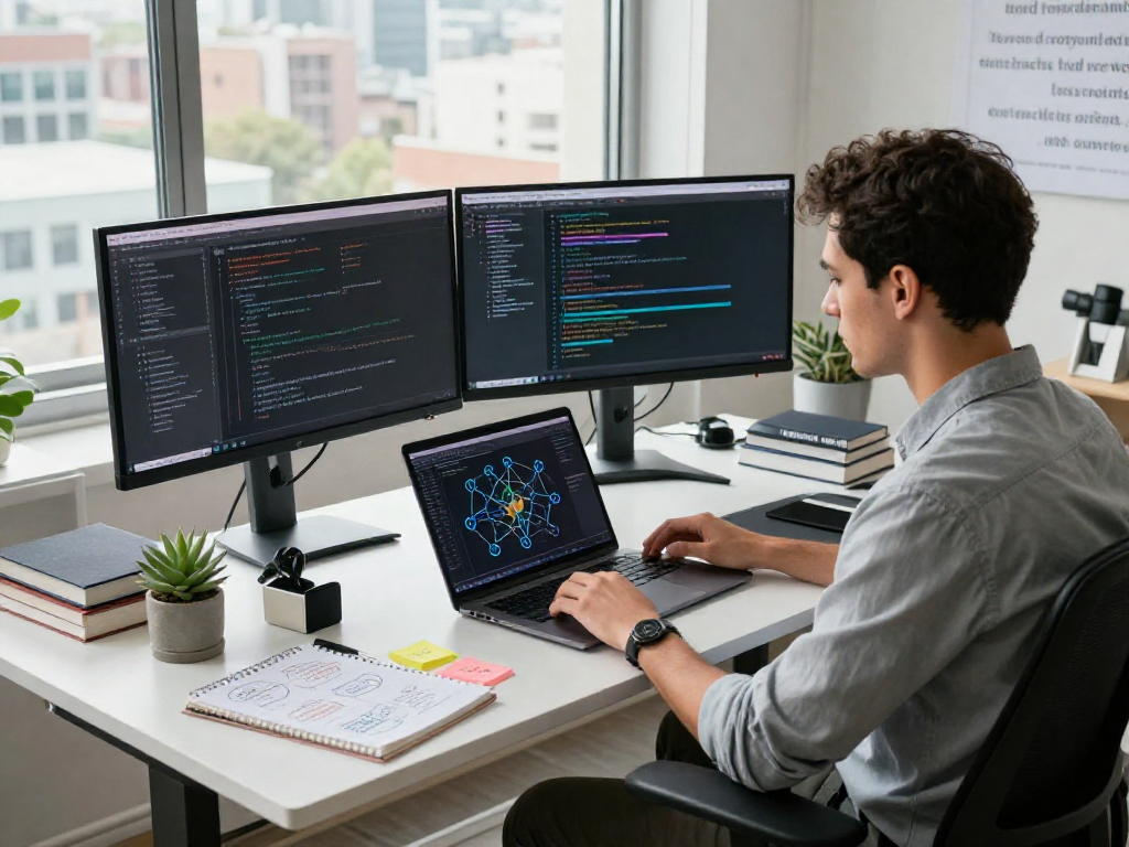 Creating nsfw AI applications in a modern workspace with dual monitors.