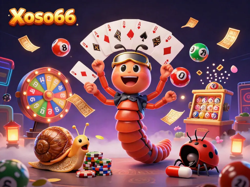 Xoso66 thrills with 3D cartoon characters in a dynamic lottery scene with colorful balls and gold chips.