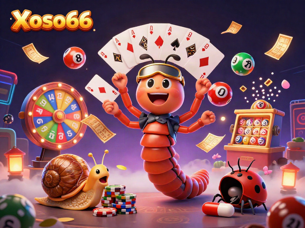 Xoso66 thrills with 3D cartoon characters in a dynamic lottery scene with colorful balls and gold chips.