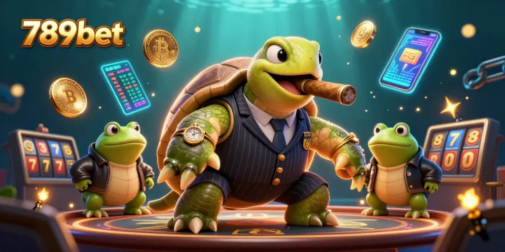 Engage with 789bet's dynamic casino scene showcasing winning slot reels, vibrant slot symbols, and cryptocurrency elements.