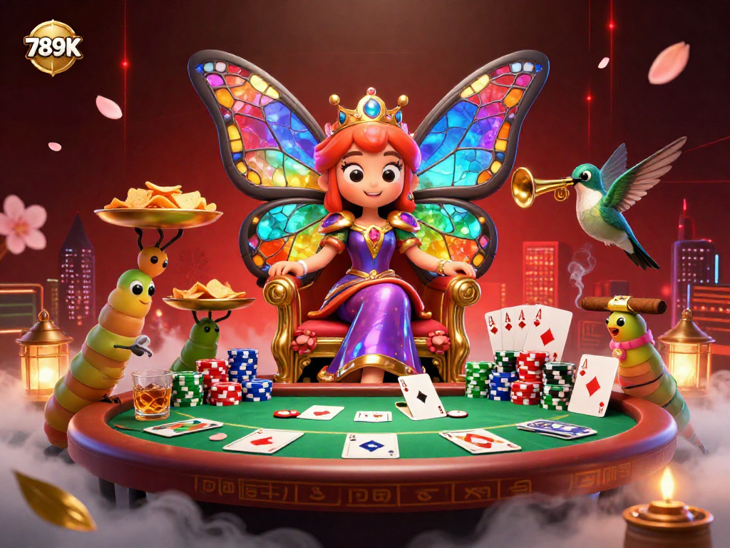 Engage in vibrant gaming with 789K as the butterfly queen rules over poker and chips.