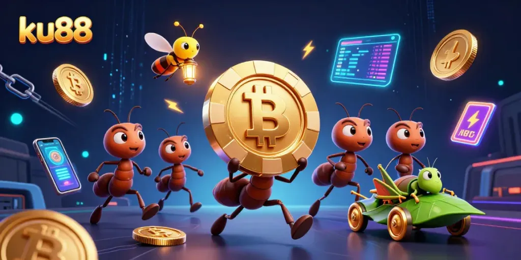 Engage with ku88's vibrant 3D scene featuring cheeky ants navigating a heist while showcasing exciting gaming elements.