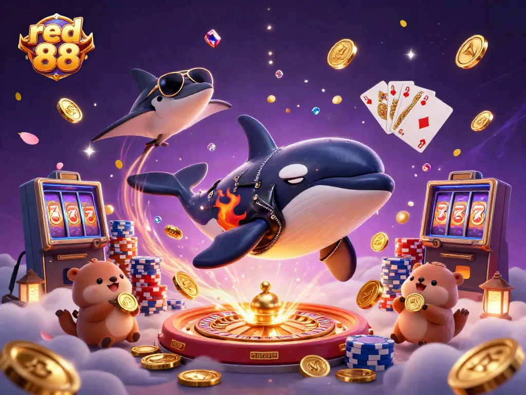 Experience excitement with red 88 as a cartoon orca jumps through cascading coins, embodying casino thrill.