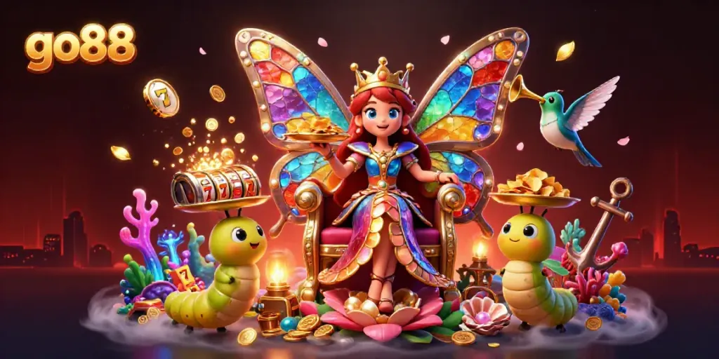 Experience the excitement of go88's vibrant casino world, featuring a colorful butterfly queen and dynamic gaming elements.