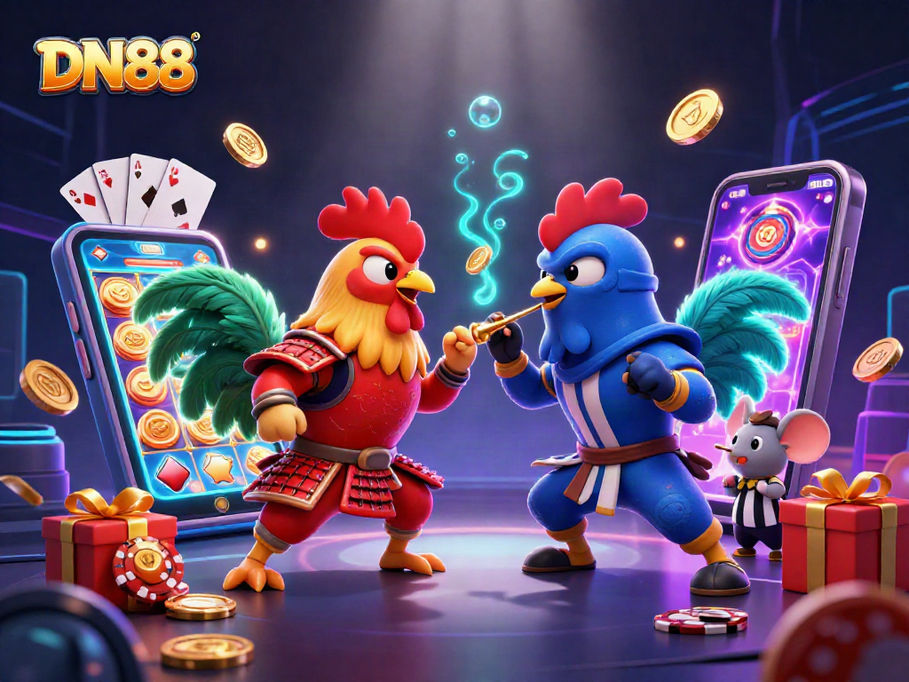 Engage with DN88's thrilling online casino world featuring cartoon fighting roosters and slot games.