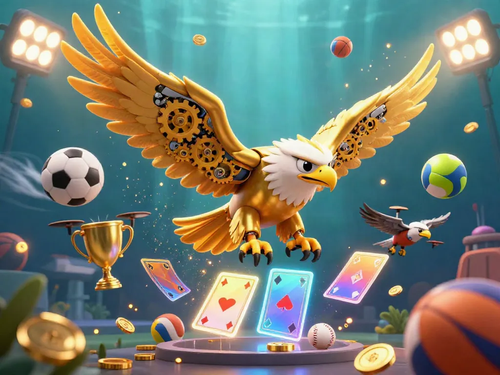 Engage with 8xbet's thrilling gaming adventure featuring a cybernetic golden eagle surrounded by dynamic sports elements.