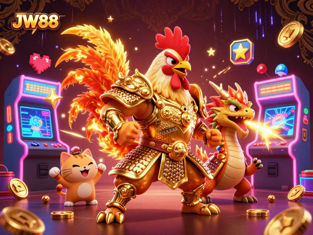 Engage in thrilling adventures at JW88's vibrant casino realm with 3D cartoon heroes and game elements.