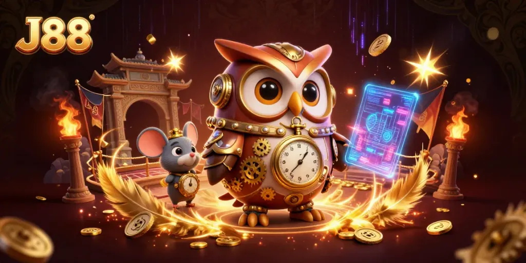 Experience the thrilling J88 casino adventure with a steampunk owl navigating a vibrant gambling universe.