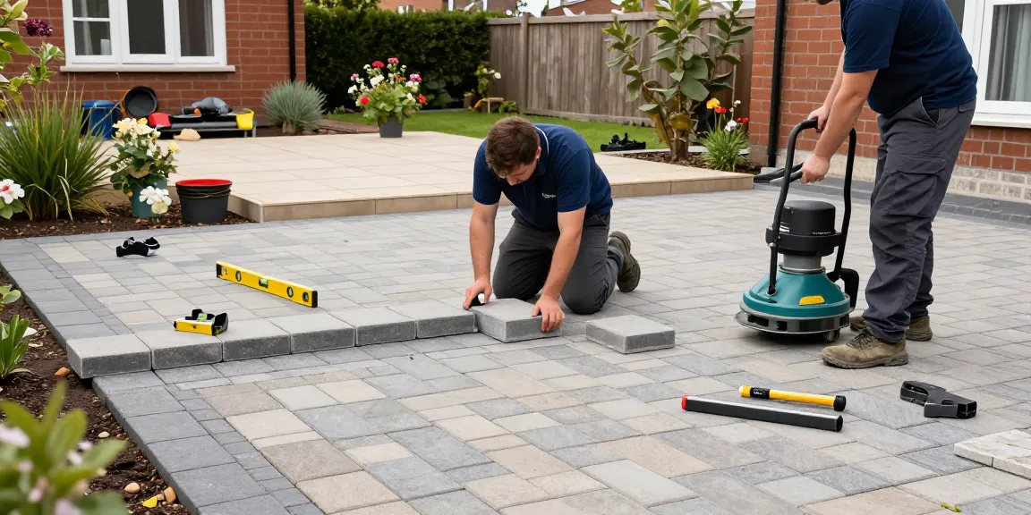 Driveways & Patios installation with expert team laying block paving in Dublin, sunny garden backdrop highlighting craftsmanship.